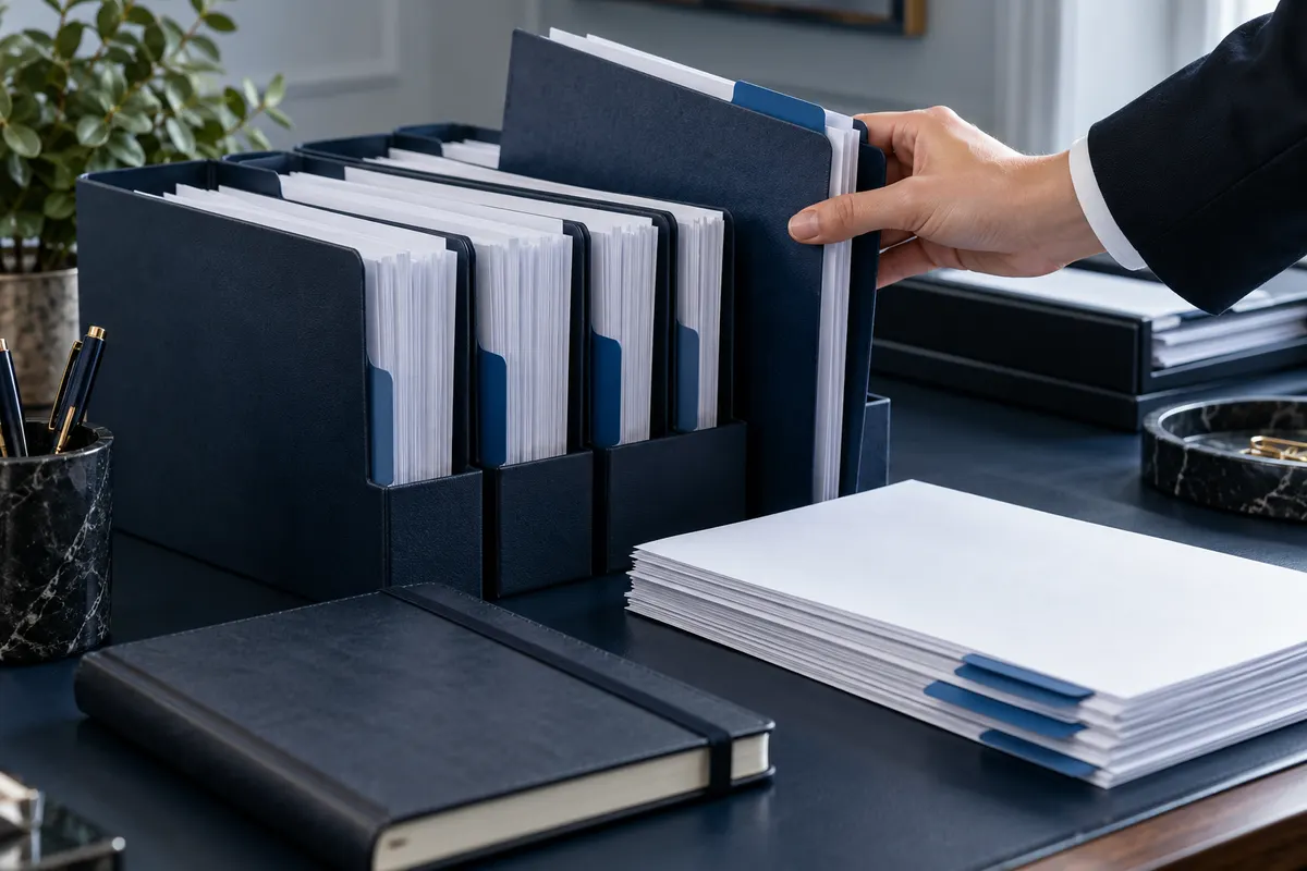Illustration of a hand arranging paper files with blue divider tabs